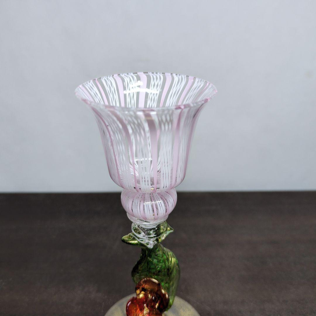 Murano Art Glass Pink Latticino Goblet Gold Gilt Floral Stem 13 cm Italy