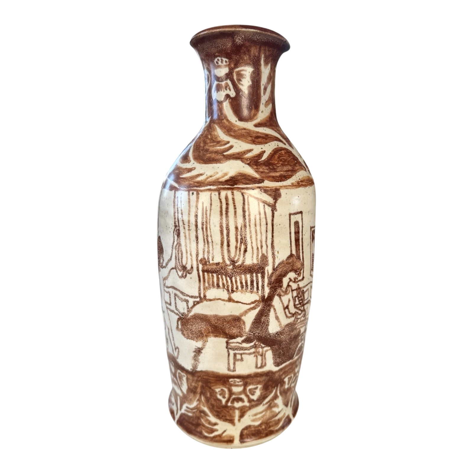 Vintage Tall Handmade Studio Art Pottery Stoneware Vase – Cream & Brown Glaze