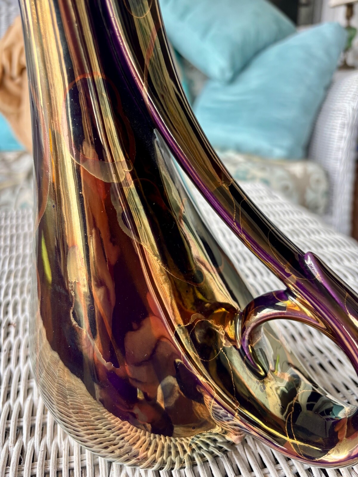 Vintage MCM Black and Gold Luster Vase Pitcher 12.5″ Unique Organic Art Nouveau