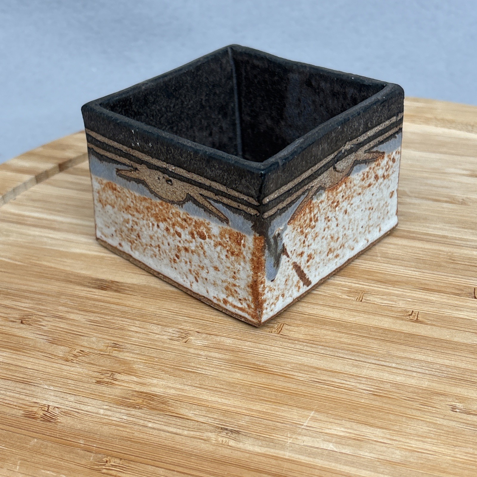 Art Studio Small Stoneware Container 3″ Square Speckled Signed “RT”