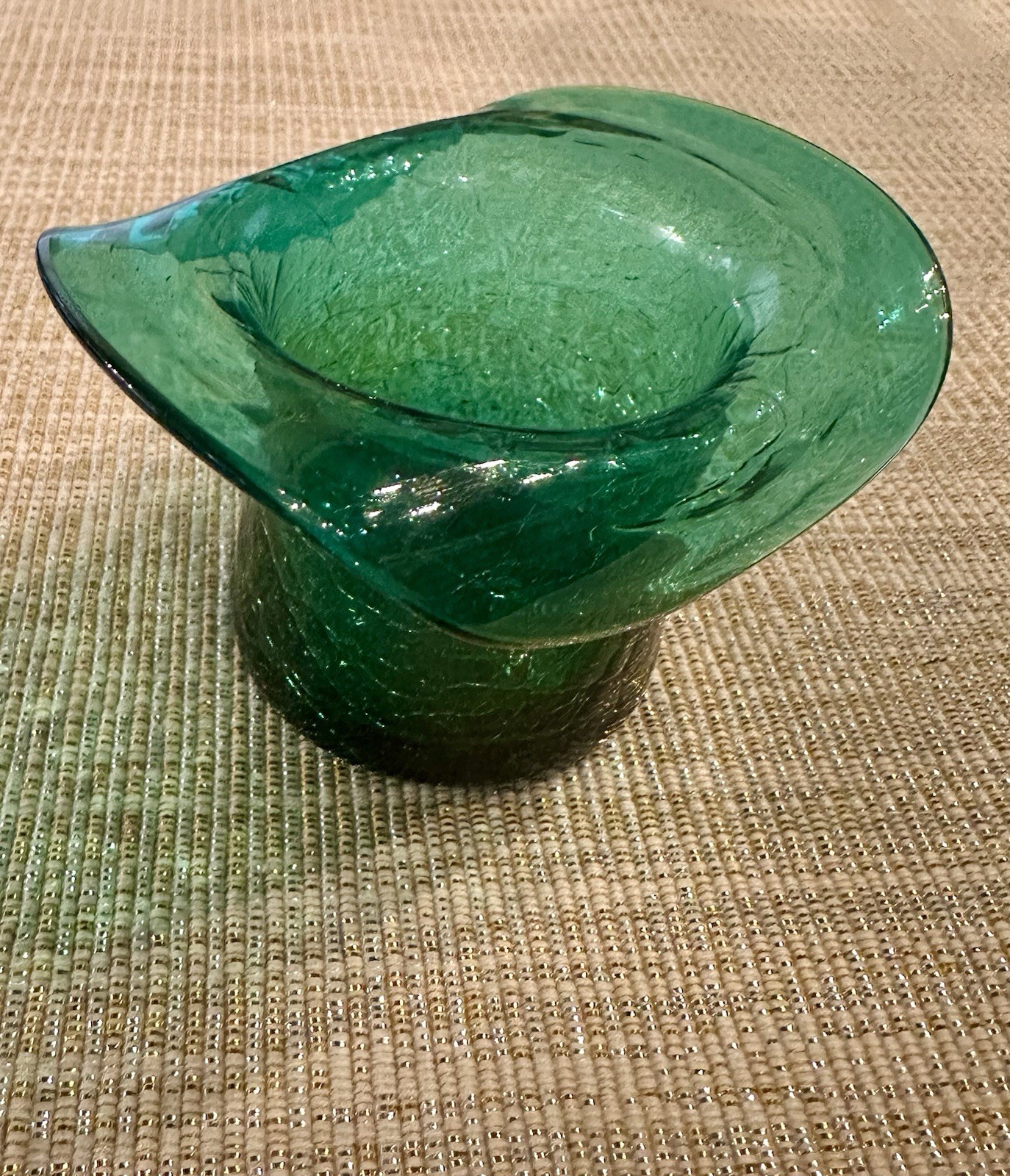 BLENKO Art Glass Hand Blown Turquoise Blue Crackle Glass Hat Vase Mini