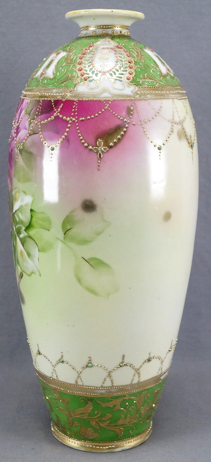 Nippon Hand Painted Pink & Yellow Rose Jeweled & Beaded 14 Inch Tall Vase