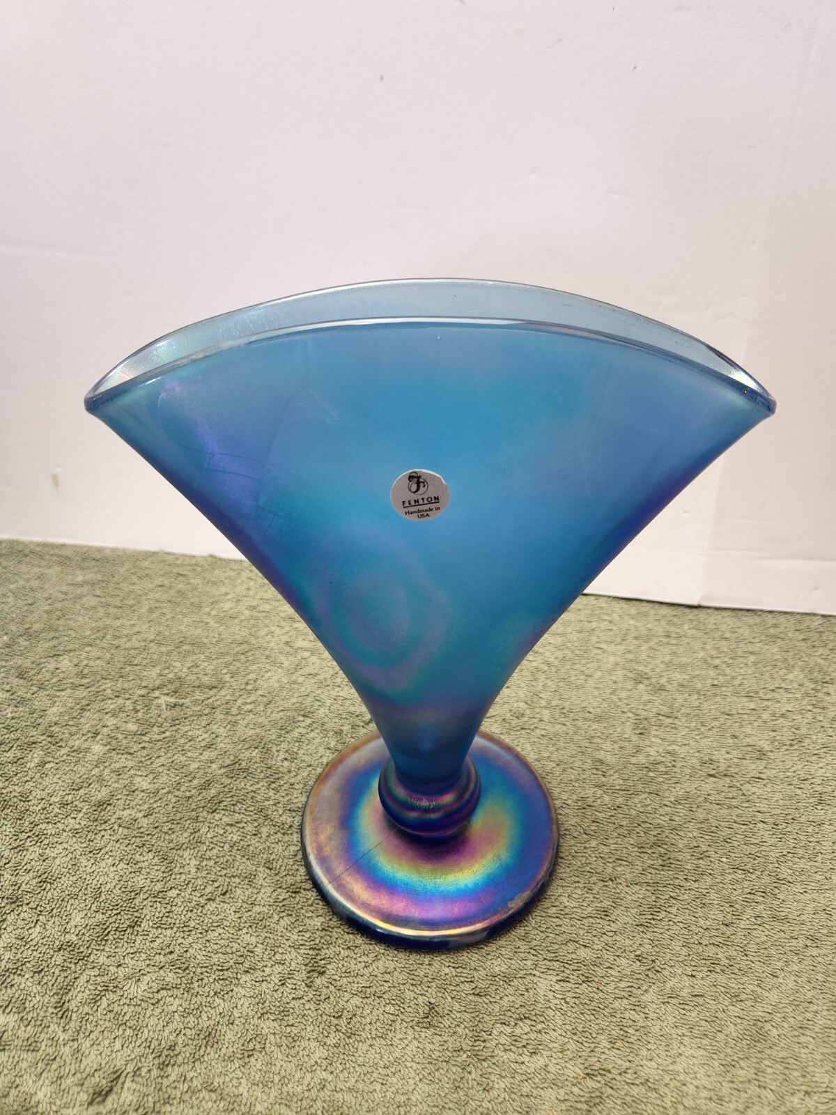 Fenton Blue Iridescent 1970’s Stretch Glass Fan Vase 8.5”