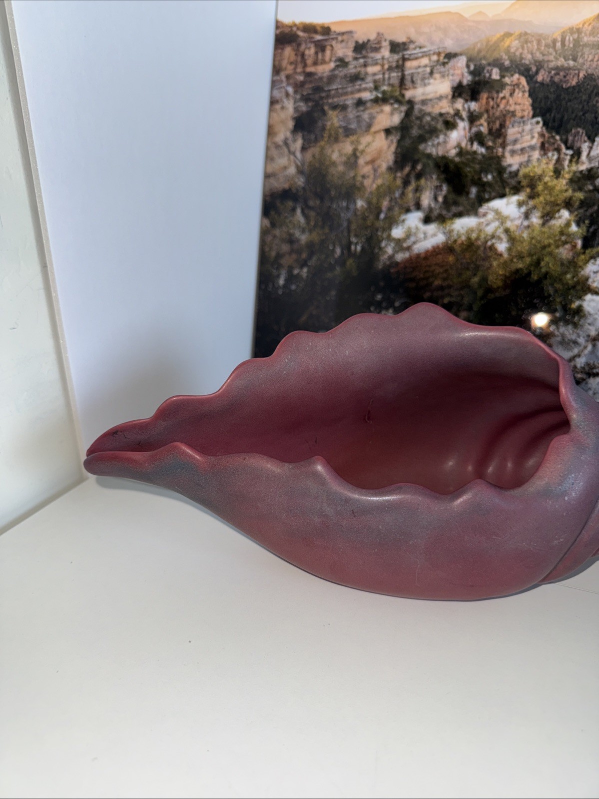 Van Briggle Pottery Conch Shell Bowl Mulberry Red Colorado Springs Signed 12 in