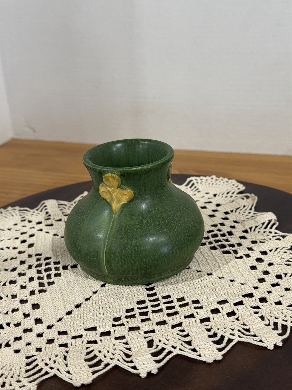 Ephraim Faience Hand Made Art Pottery Mottled Green Floral Vase Laura Klein
