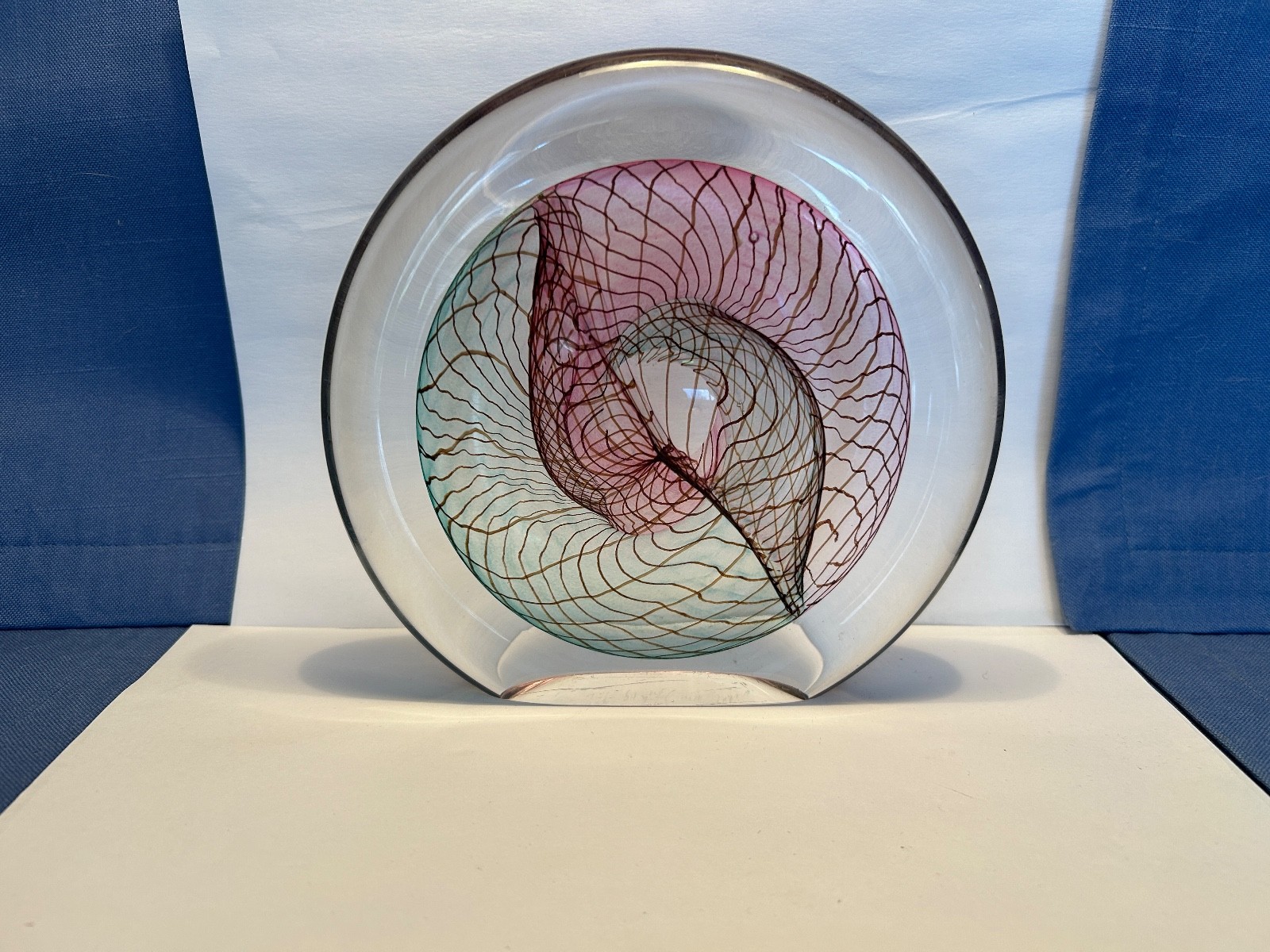 SIGNED ART GLASS FROM THE 1990S WITH PURPLE, GREENS AND LIGHT BROWN VEINING