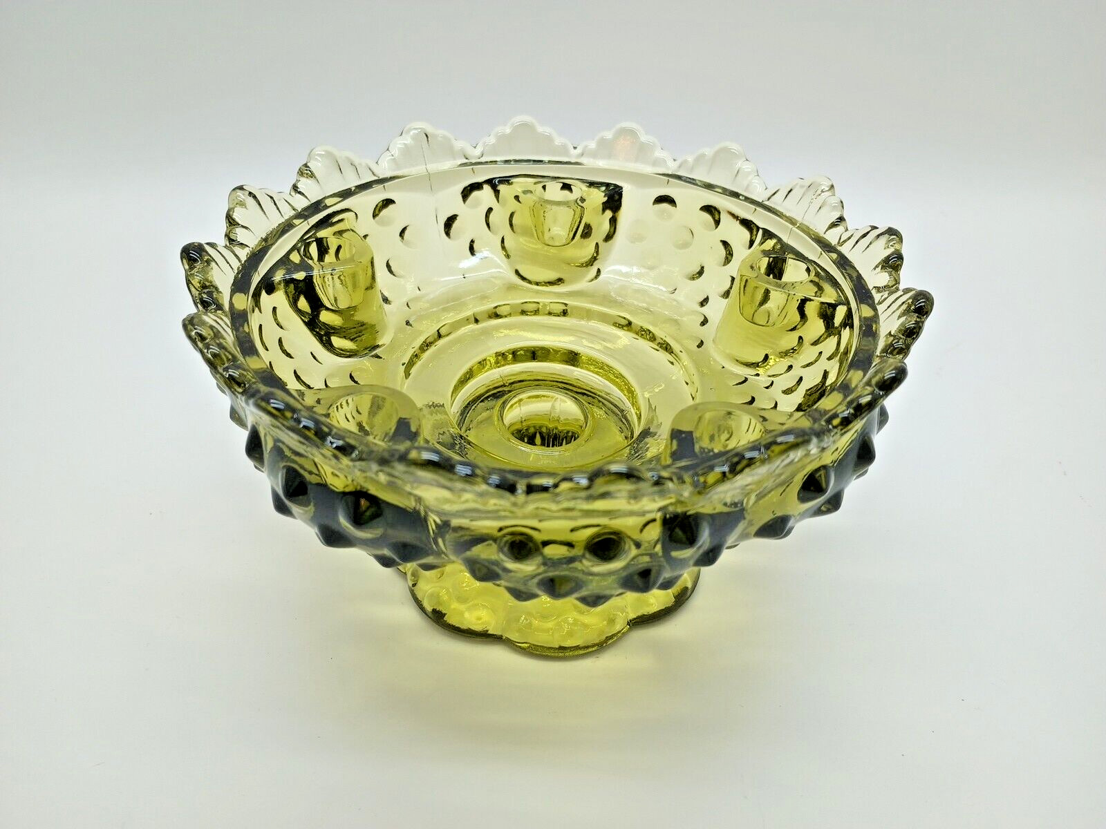 Vtg Fenton Laced-Edge Olive Green Glass Hobnail Centerpiece Candle Holder Bowl