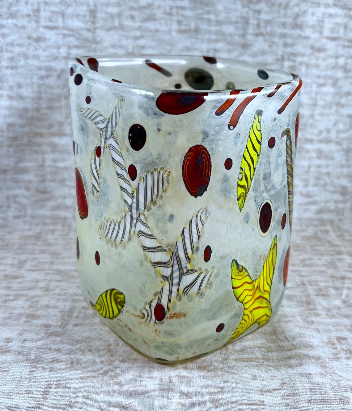 Kenny Walton, Signed, Art Glass Square Vase, Underwater Design, Studio Art Glass