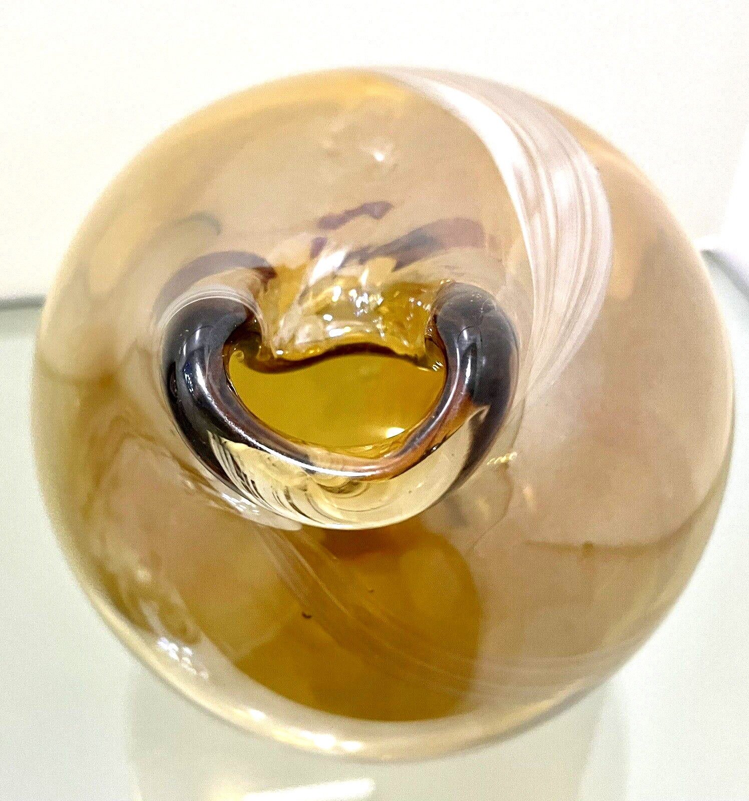 Amber W/White Swirl Heavy Hand Blown Art Glass Vase/Pitcher 5″ T x 6” W 3lb 7oz