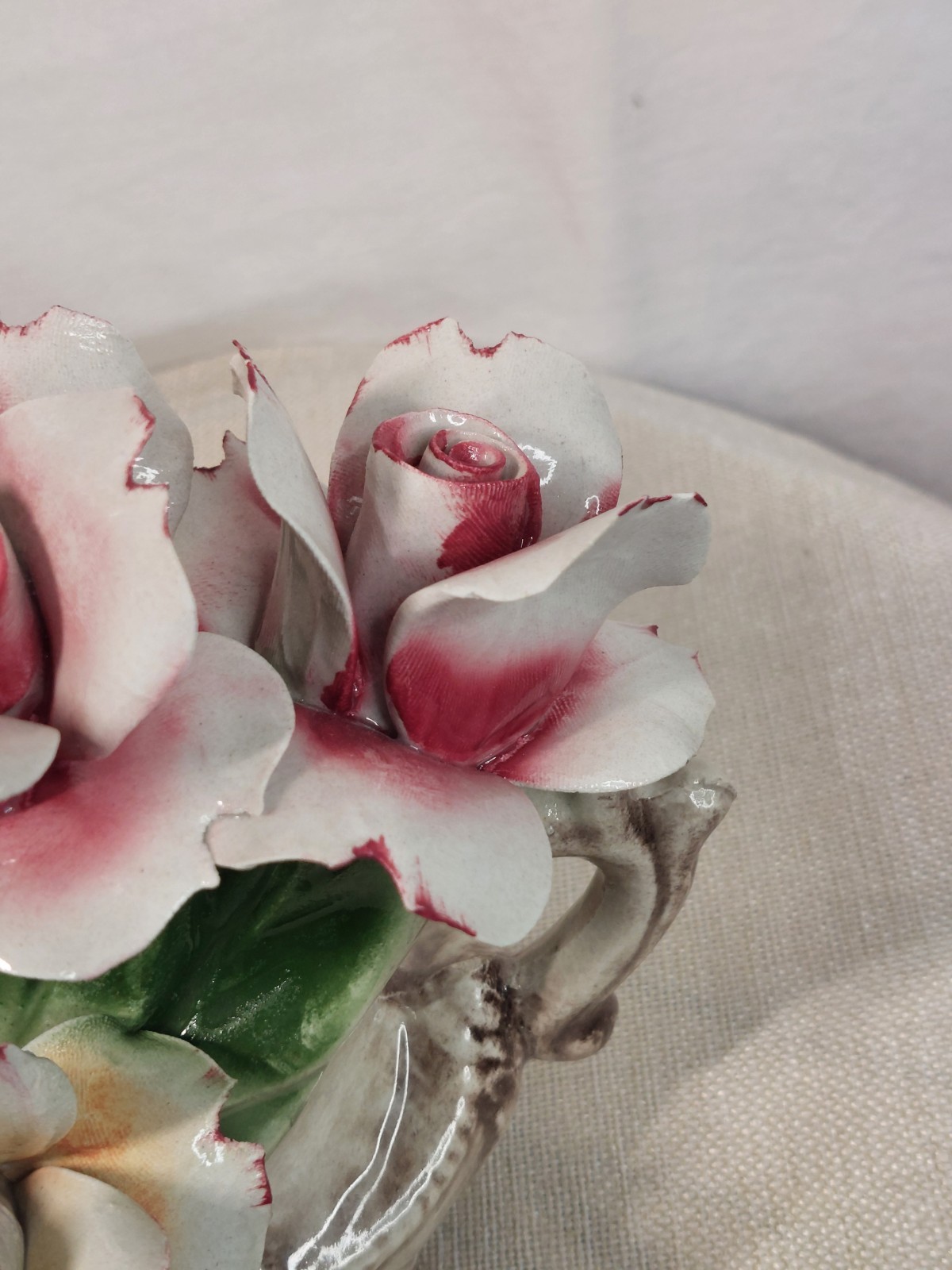 Vintage Capodimonte Pink Yellow Roses Porcelain Bouquet Italy Shabby Chic Decor
