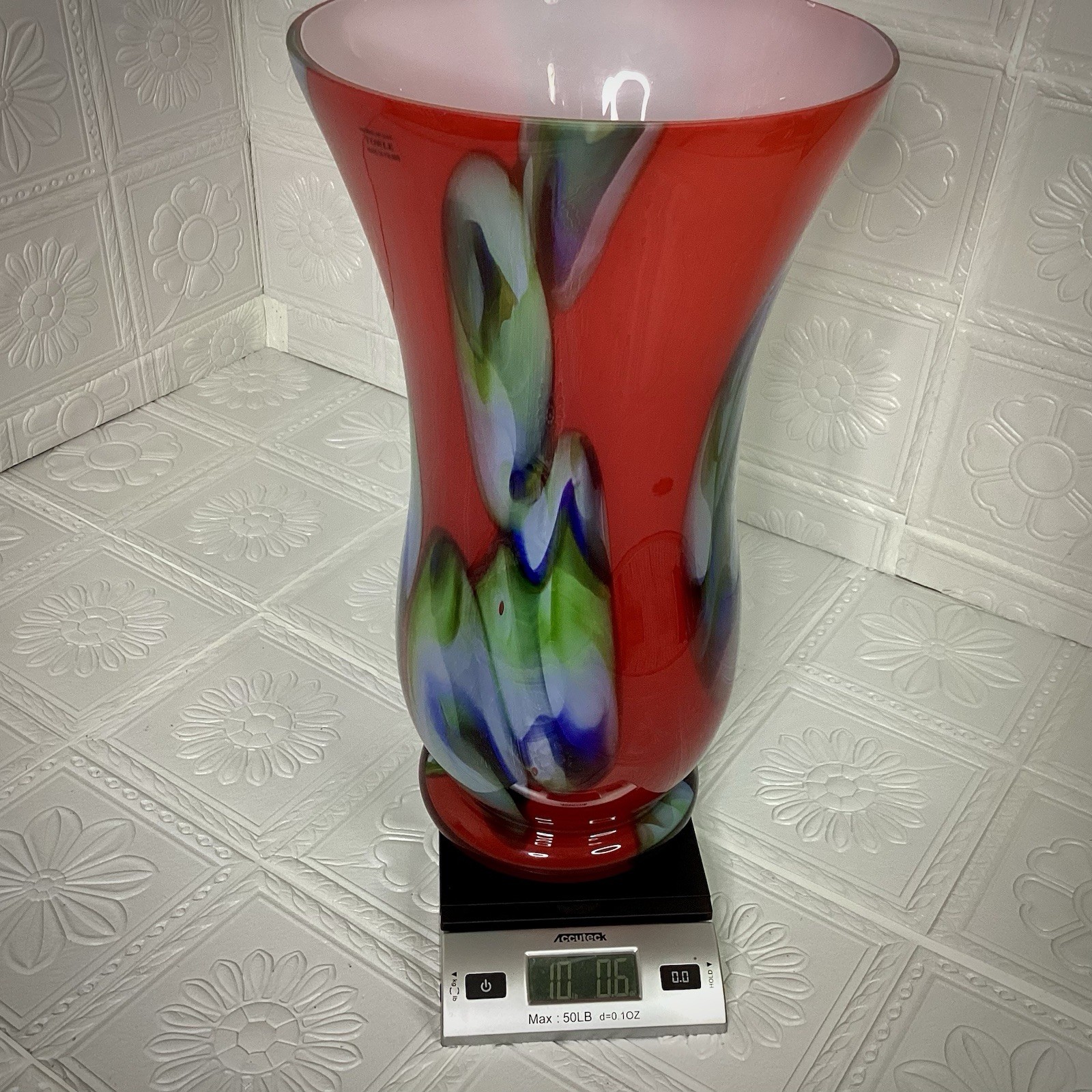 Towle Large Hand Blown Art Glass Vase 17.75” Murano Style Poland Red Swirl Label