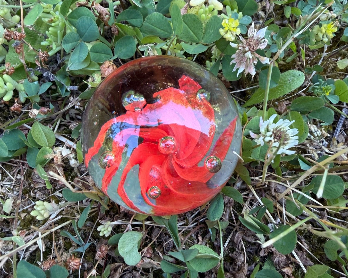 Vintage art glass paperweight Murano Style Orange Flower Encapsulated Sphere