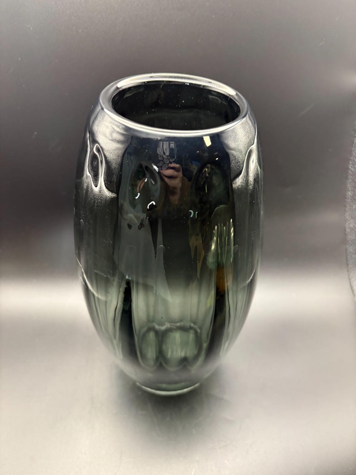 Torpedo Art Glass Vase Smoke Gray Green Optic Ribbed Polish Eastern European