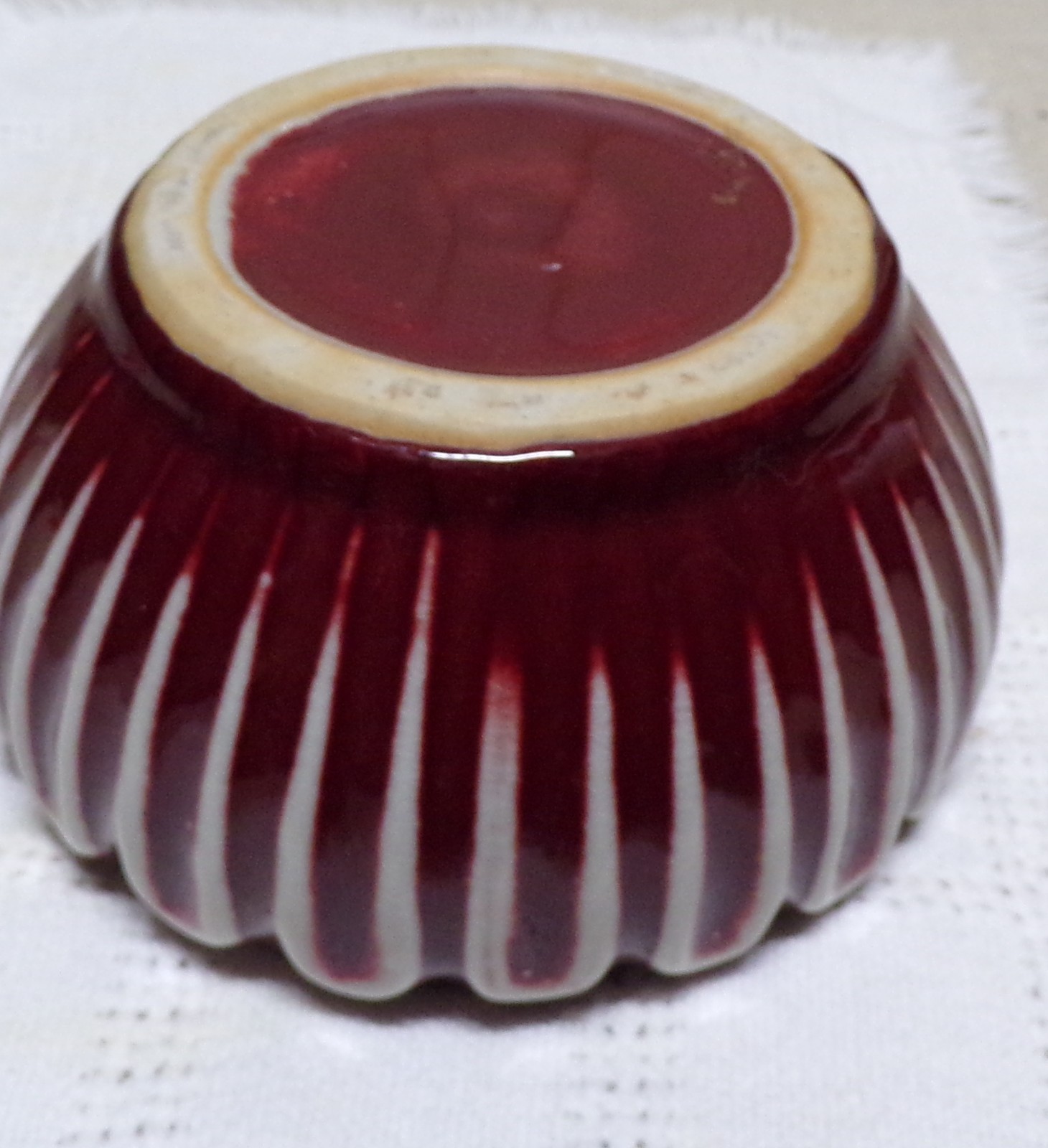 Vintage Maroon and White Geomtric Ceramic Drip Glaze Pot Mid Century Small