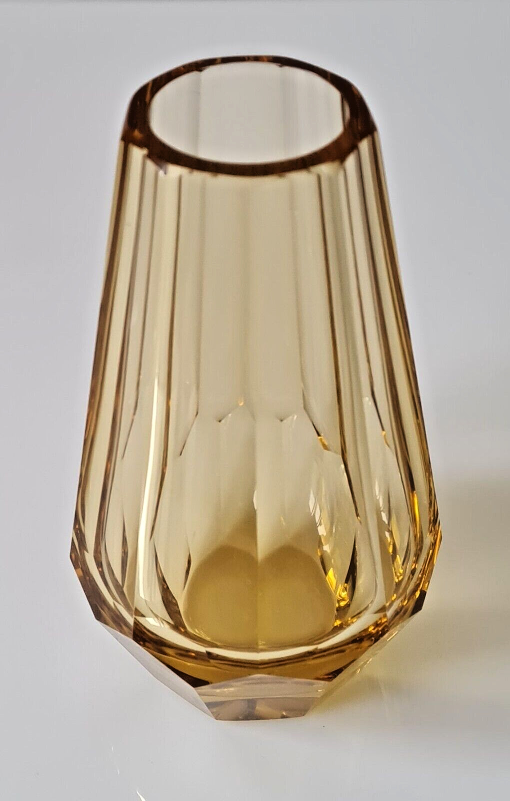 Antique Moser Art Deco Cut Glass Multi Sided Czech Bohemian Yellow Vase, 1919