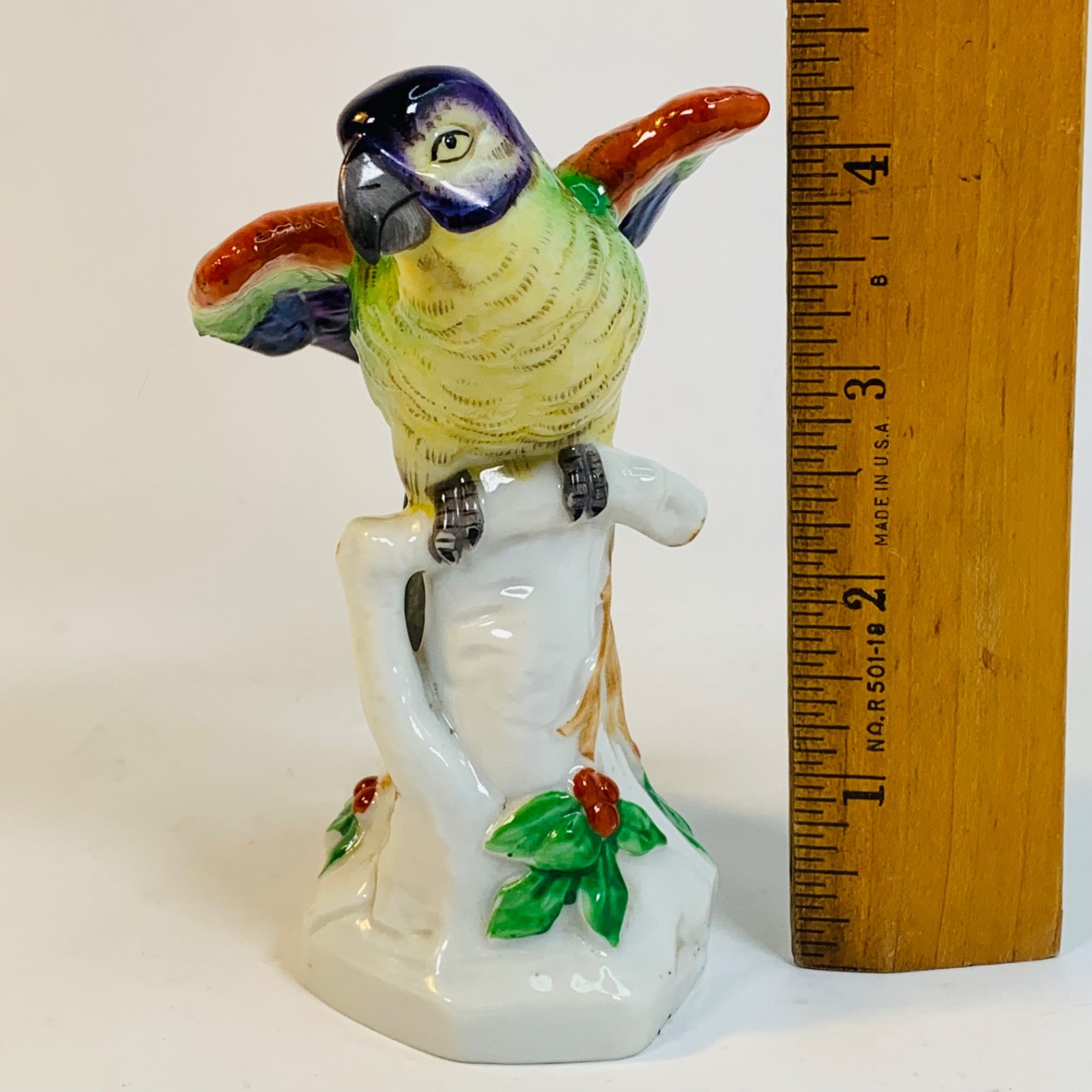 Antique Porcelain Parrot Bird Figurine Adolf Leube of Dresden Germany 4.5″