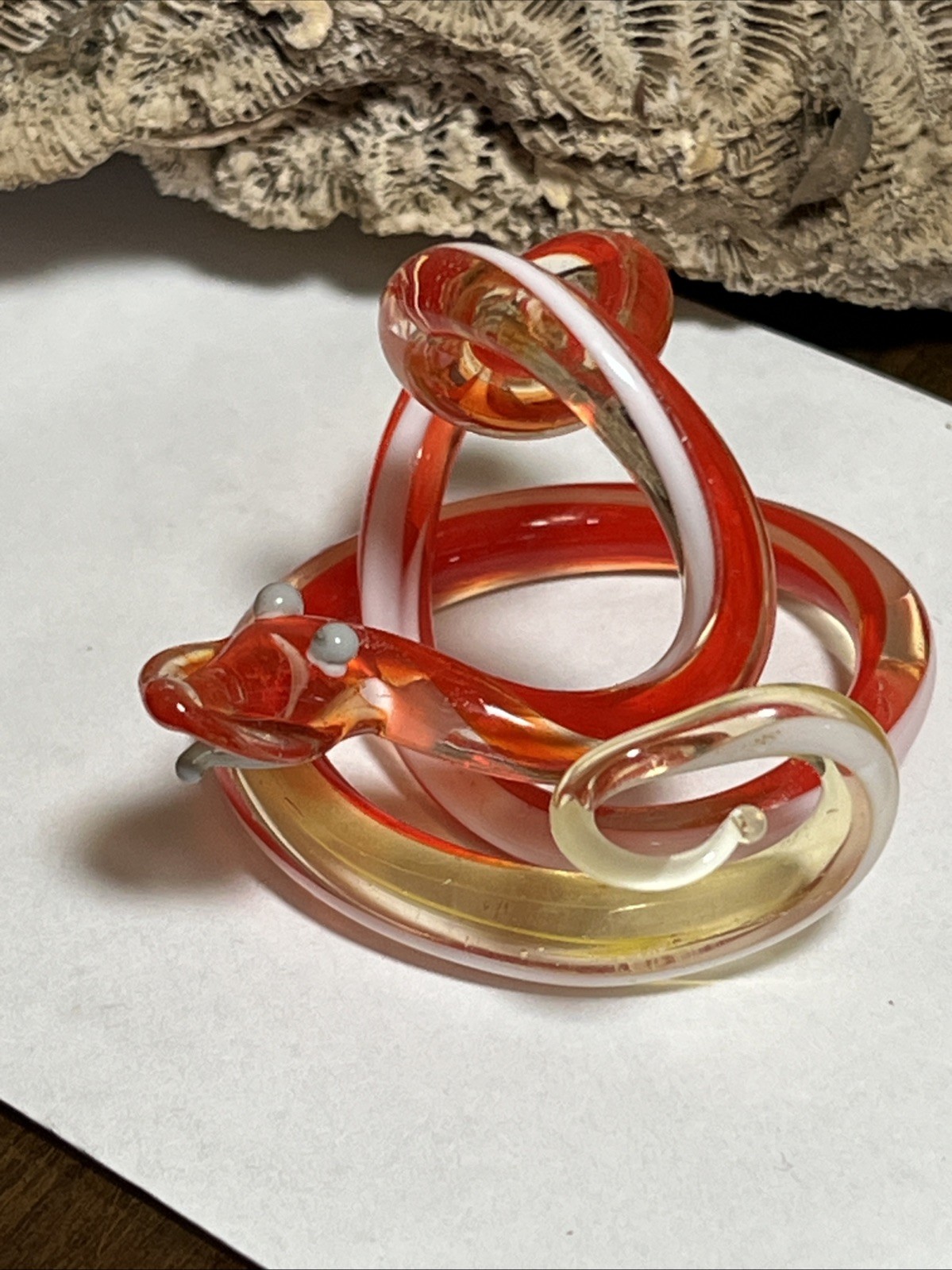 Handcrafted Vintage Art Glass Snake Sculpture Red and Gold Decorative 2”