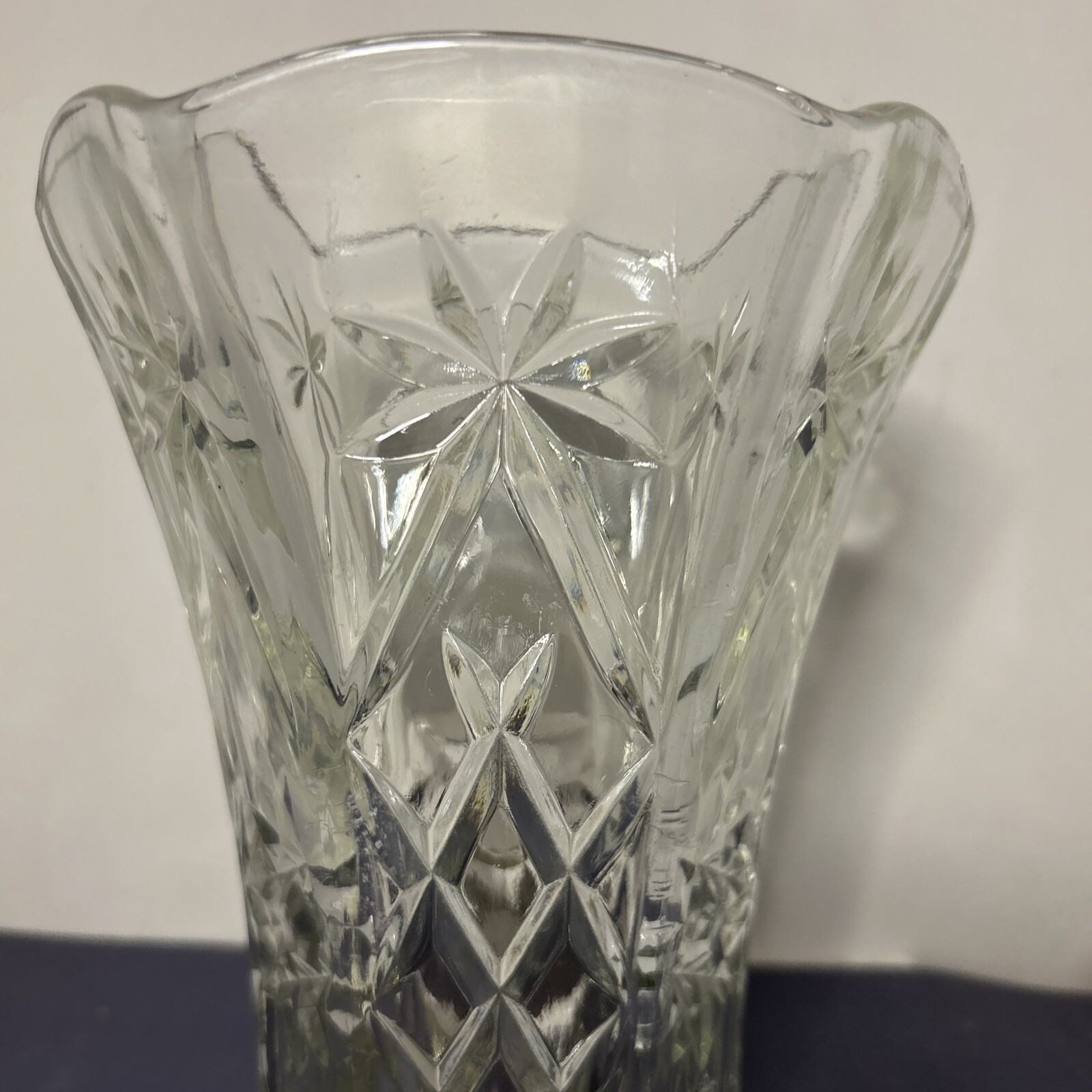 Clear Cut Glass Vase 10.5 in tall 6 in wide Scalloped Rim Star Crosshatch Motif