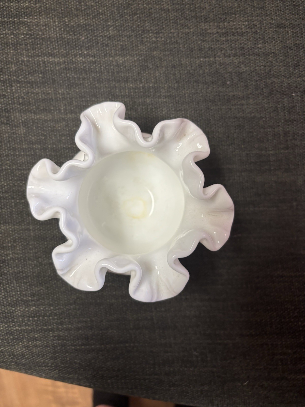 Vintage Fenton Ruffled Glossy Milk Glass Ball Vase 3.75×4”