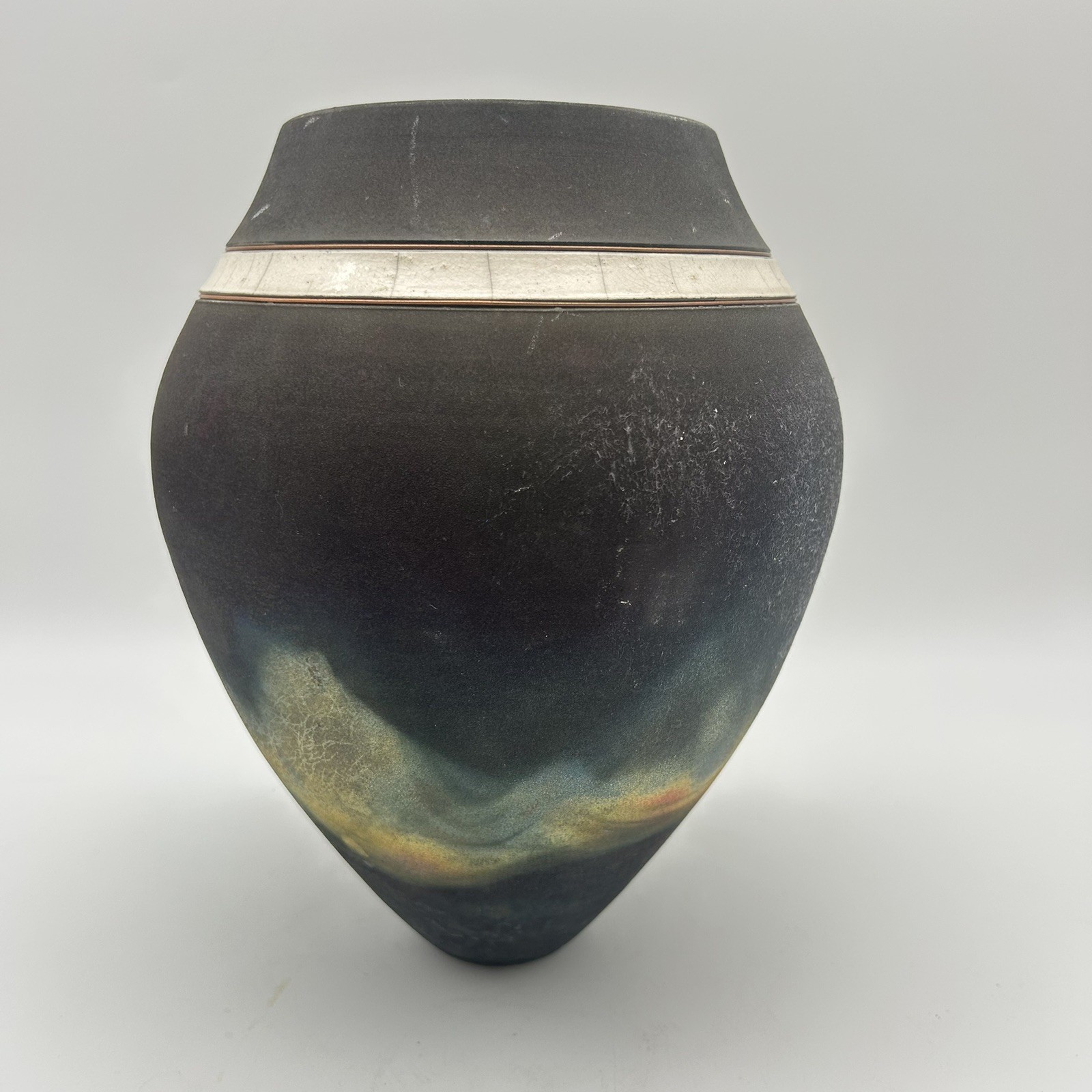 Unique Vintage Raku 8” Vase Crackled Tile And Copper Wire Inlays Artist Signed