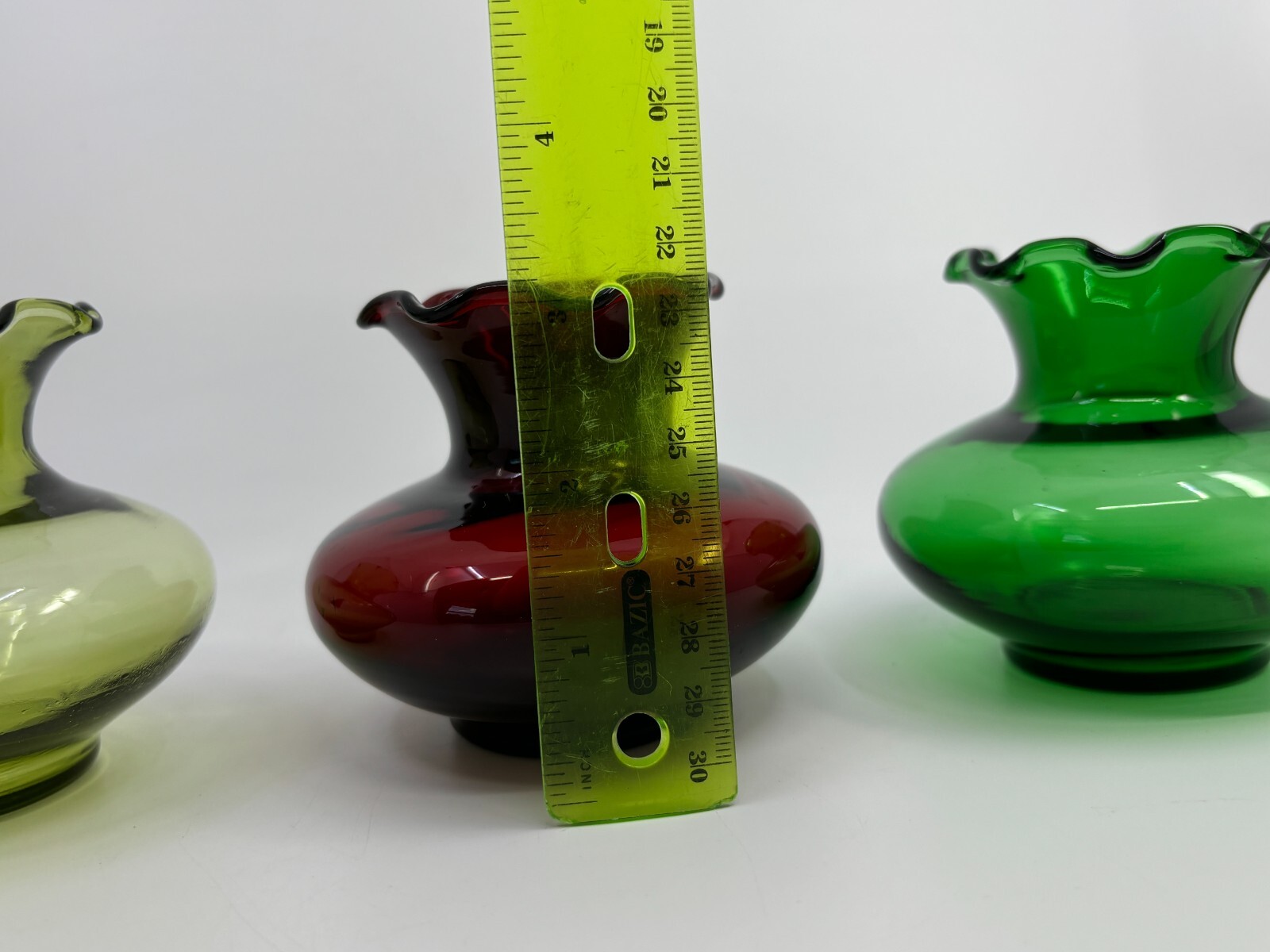Lot of 3 Vintage Anchor Hocking Crimped Bud Vases Forest Green Royal Ruby Green