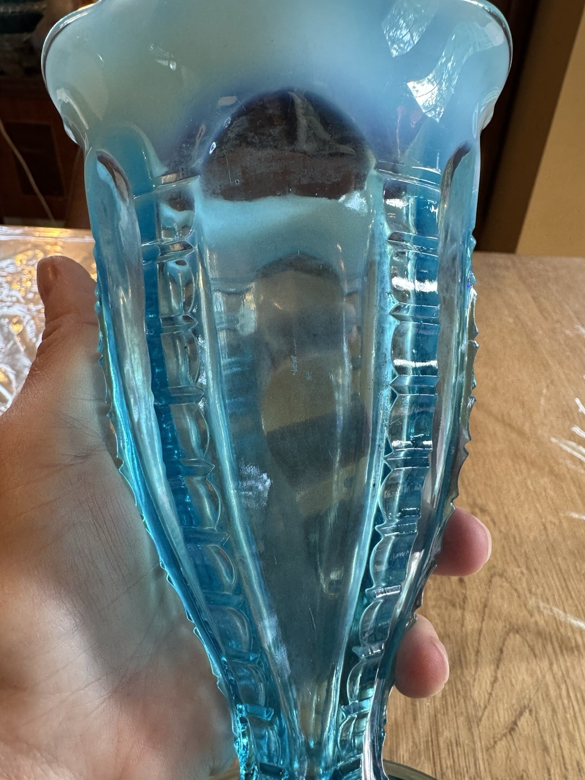 Jefferson Glass Blue Opalescent Vase – Victorian Zipper & Loop Design