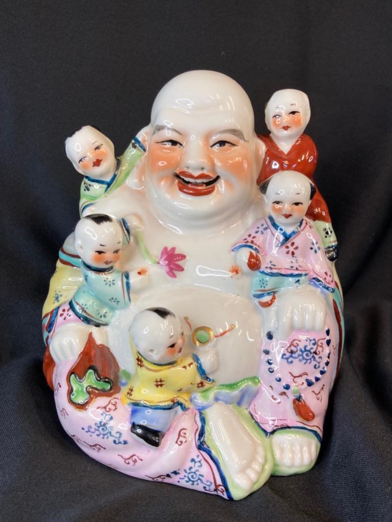 Vintage Laughing Happy Buddha Statue w/Climbing Children Lucky Fertility 6″ Tall
