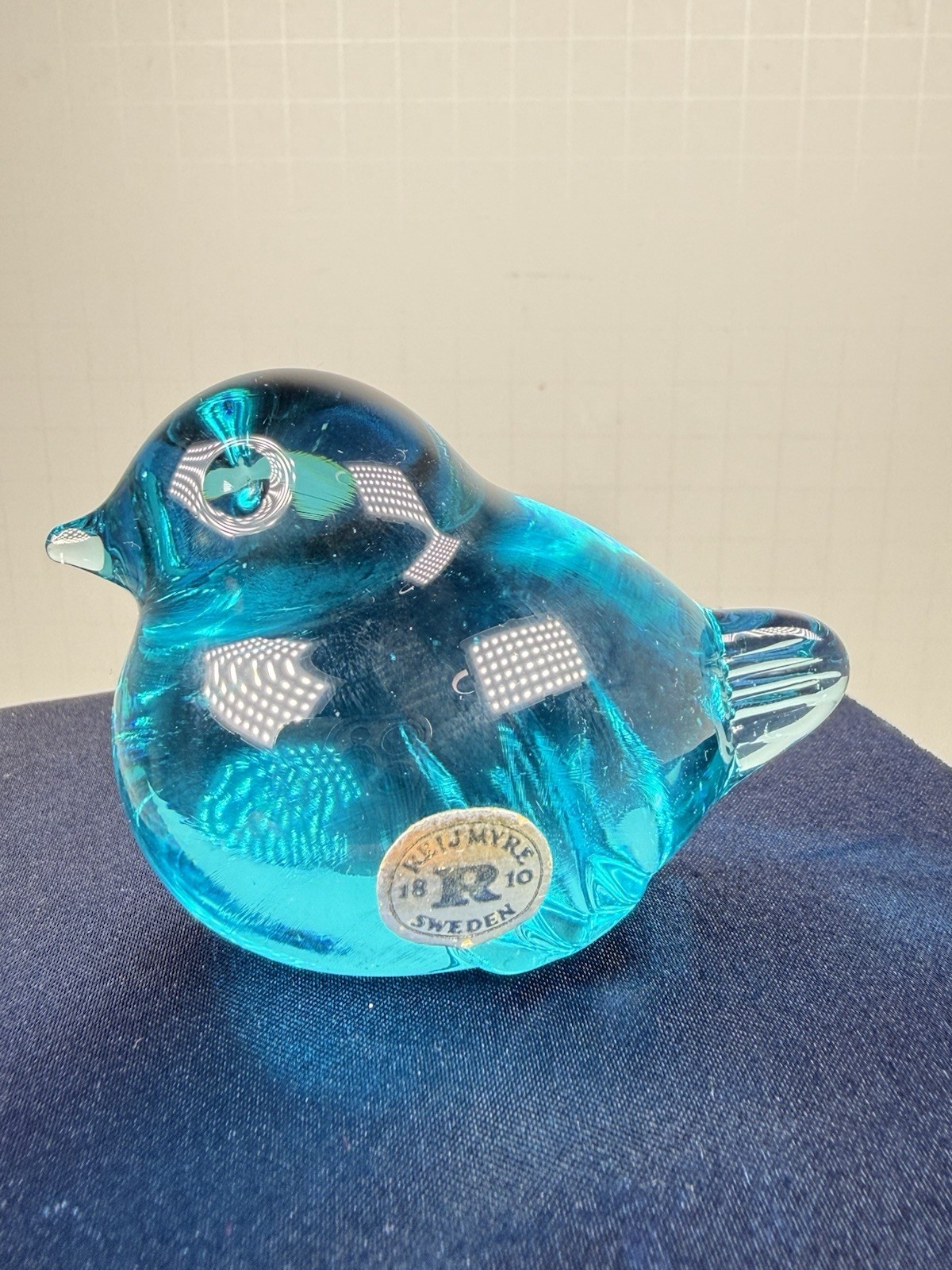Hand Blown Glass Mid-Century Reijmyre Sweden Glass Chickadee Bird w/Label Blue