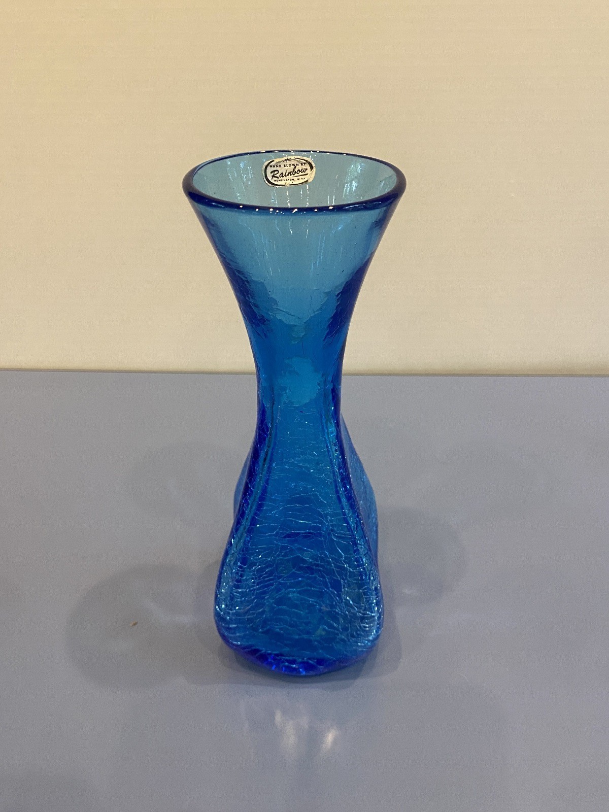 VTG Rainbow Glass Hand Blown Cobalt Blue Crackle Art Glass Vase W/LABEL 8.25″H