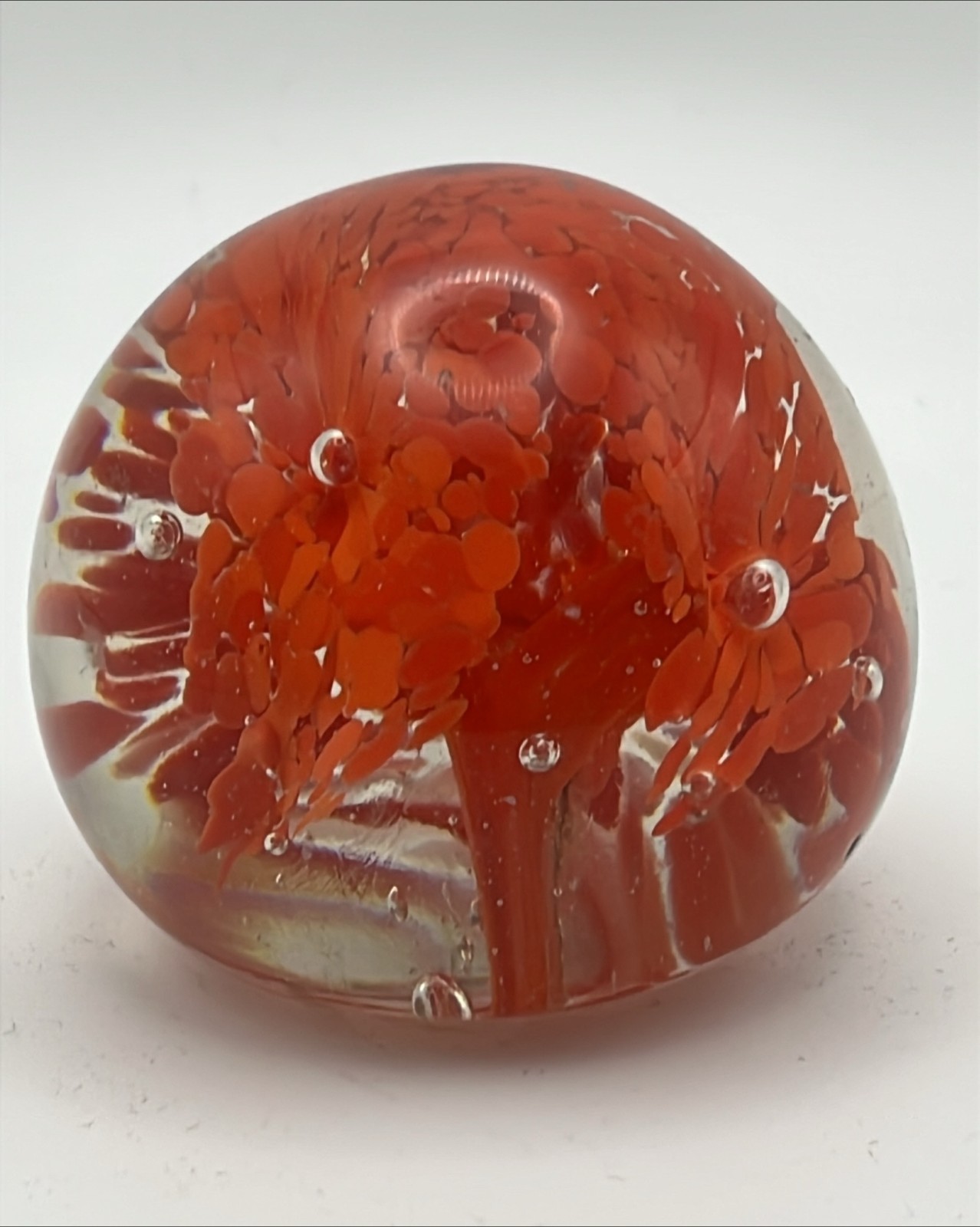 Vintage Collectible Hand-crafted Art Glass Round Paperweight Red Coral in Clear