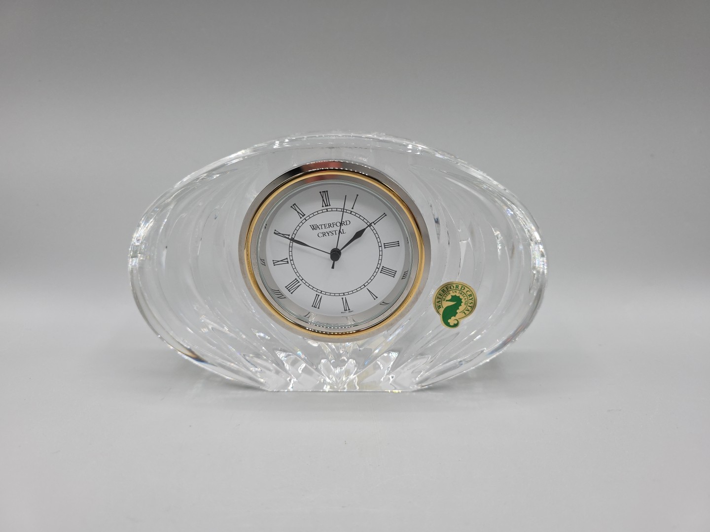 Waterford Crystal Discontinued Basilica Oval Desk/Mantel Clock Clear Gold Trim