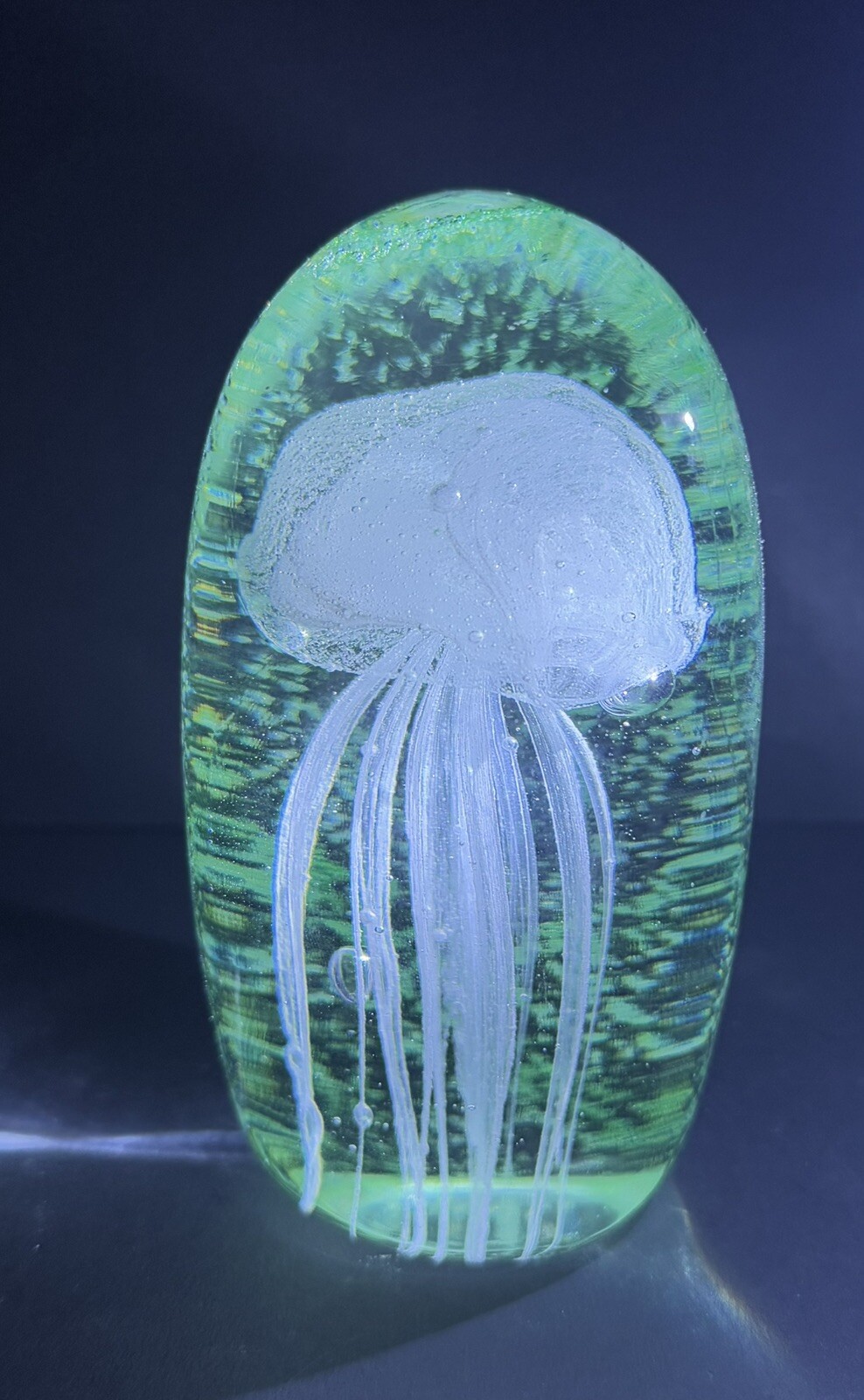 Jellyfish Paperweight Glass Blown Unmarked 4.5” T Green Glows in Dark