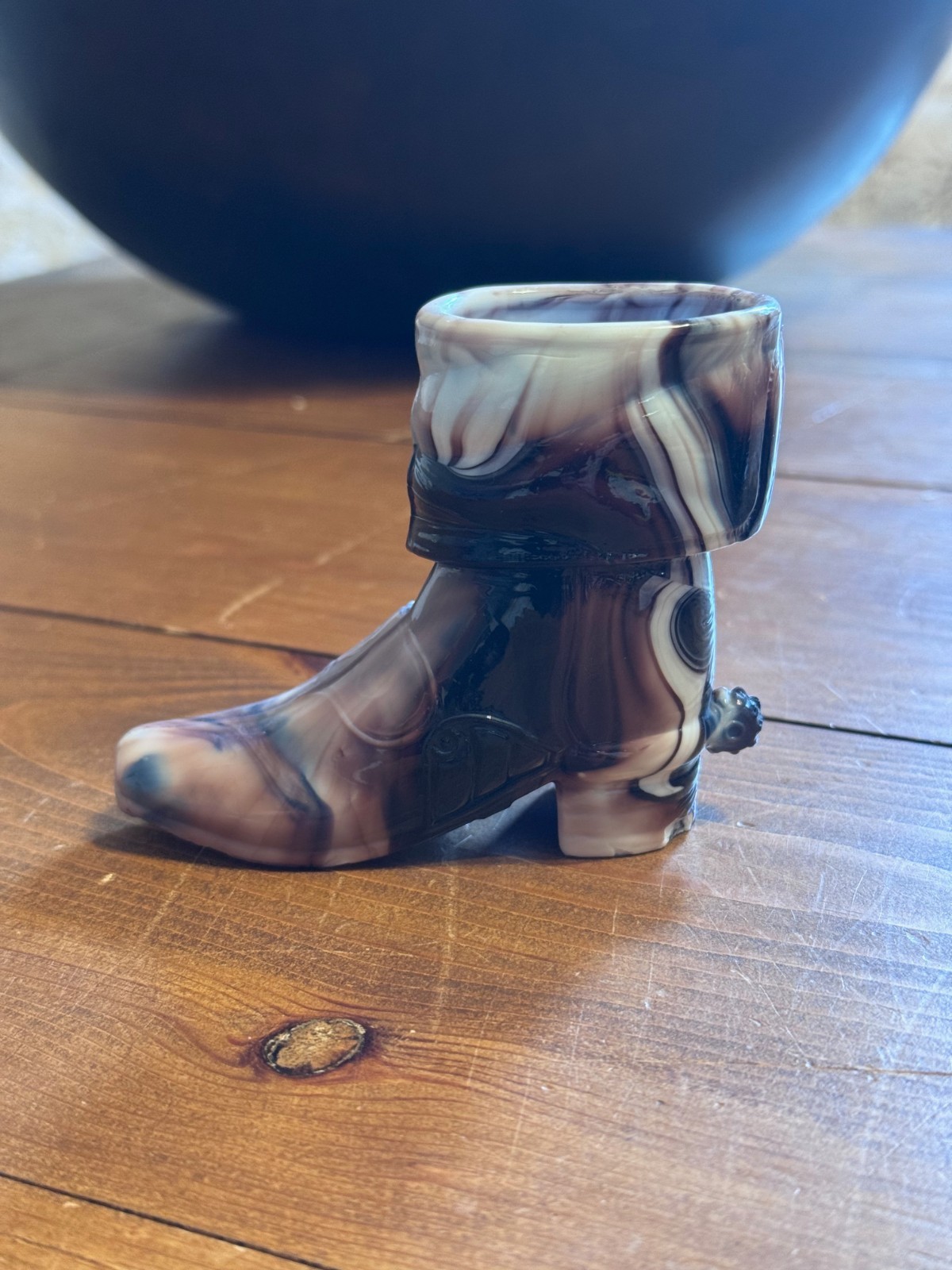 Vintage Purple Amethyst White Swirled Marbled Slag Glass Boot Figurine