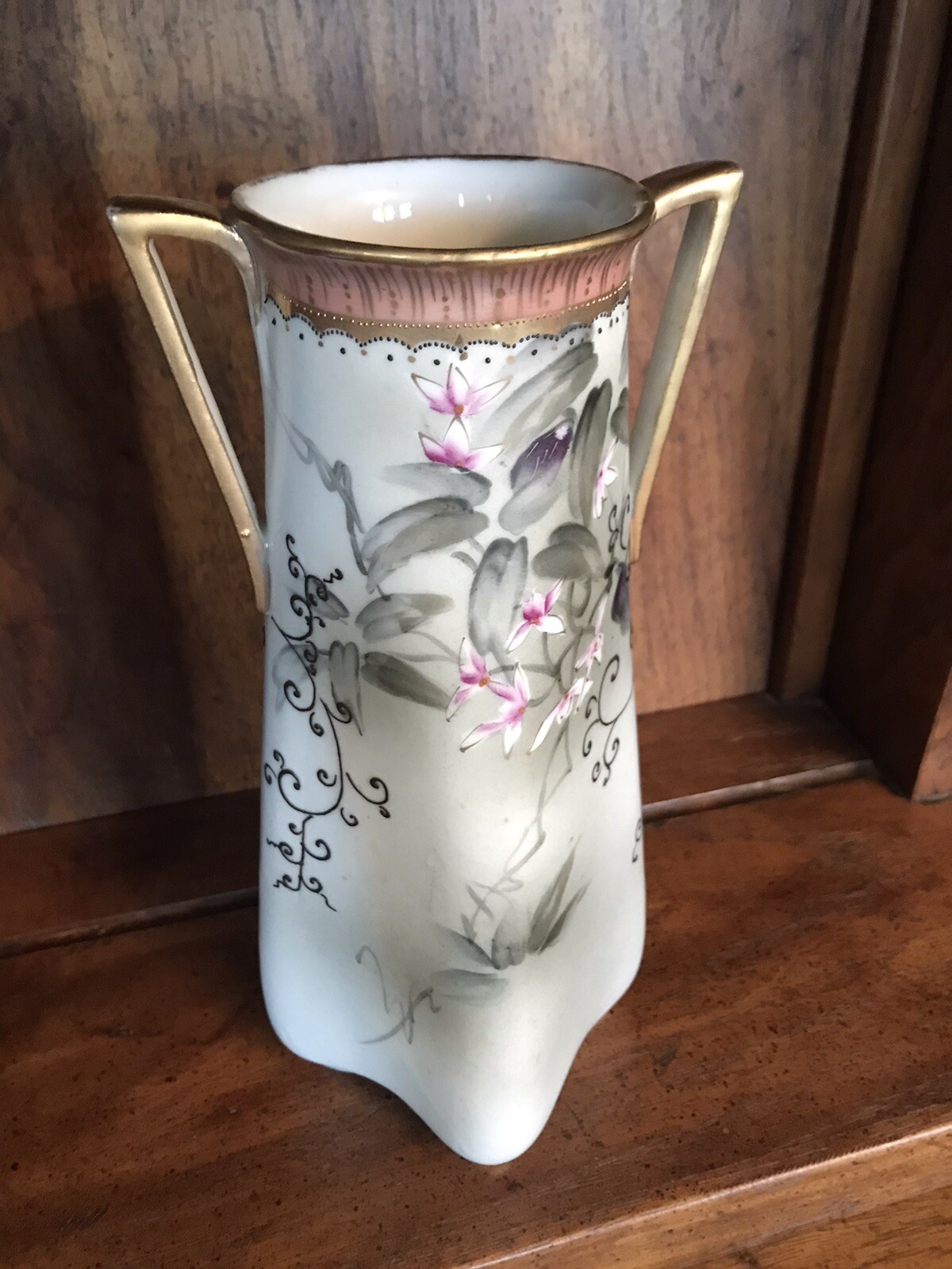 Hand Painted Nippon Vase. 9.5 Inches Tall. Double Handled Pink Flowers.