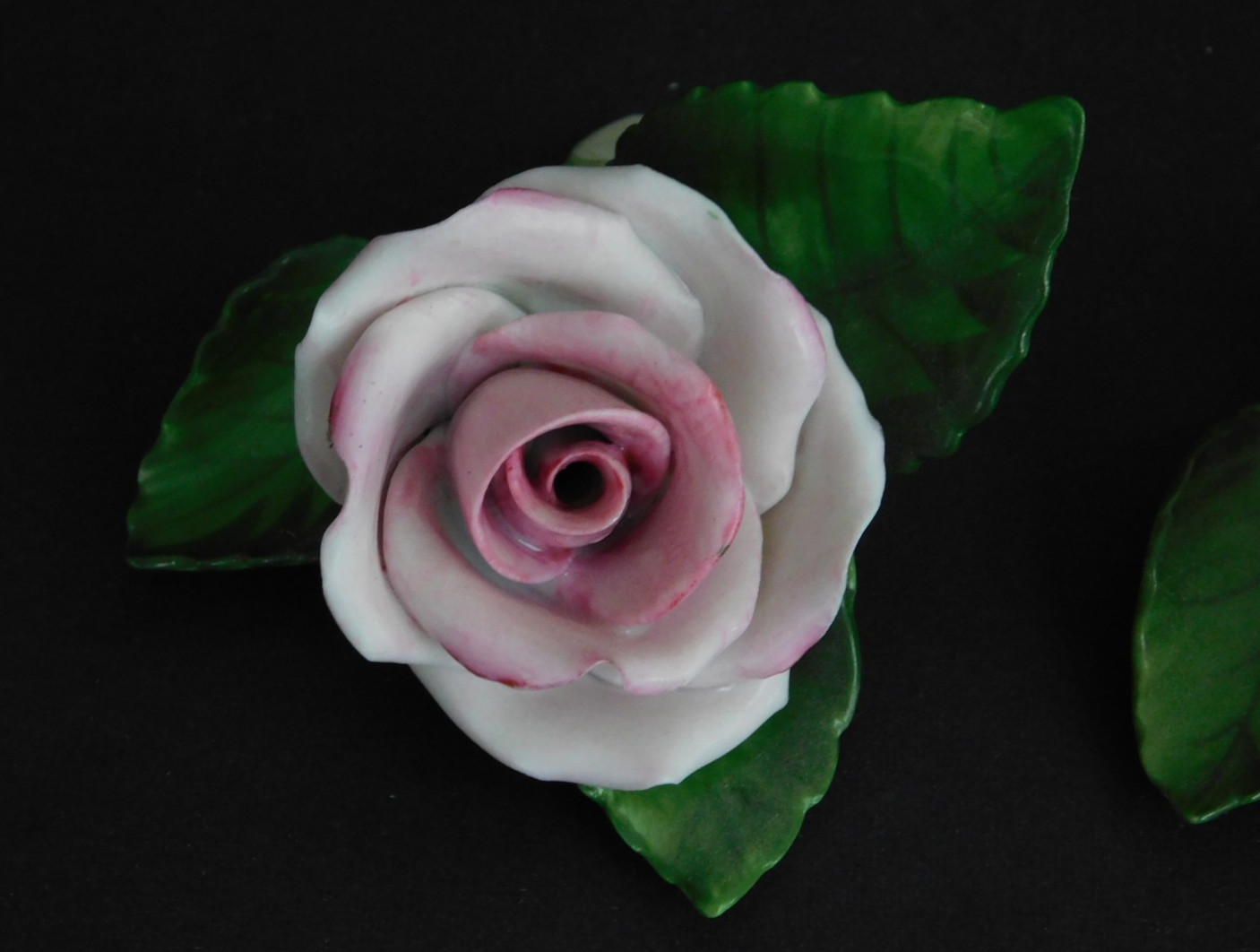 VINTAGE HEREND (1960-1970s): Pair Hand Painted Pink Porcelain Roses & 3 Leaves
