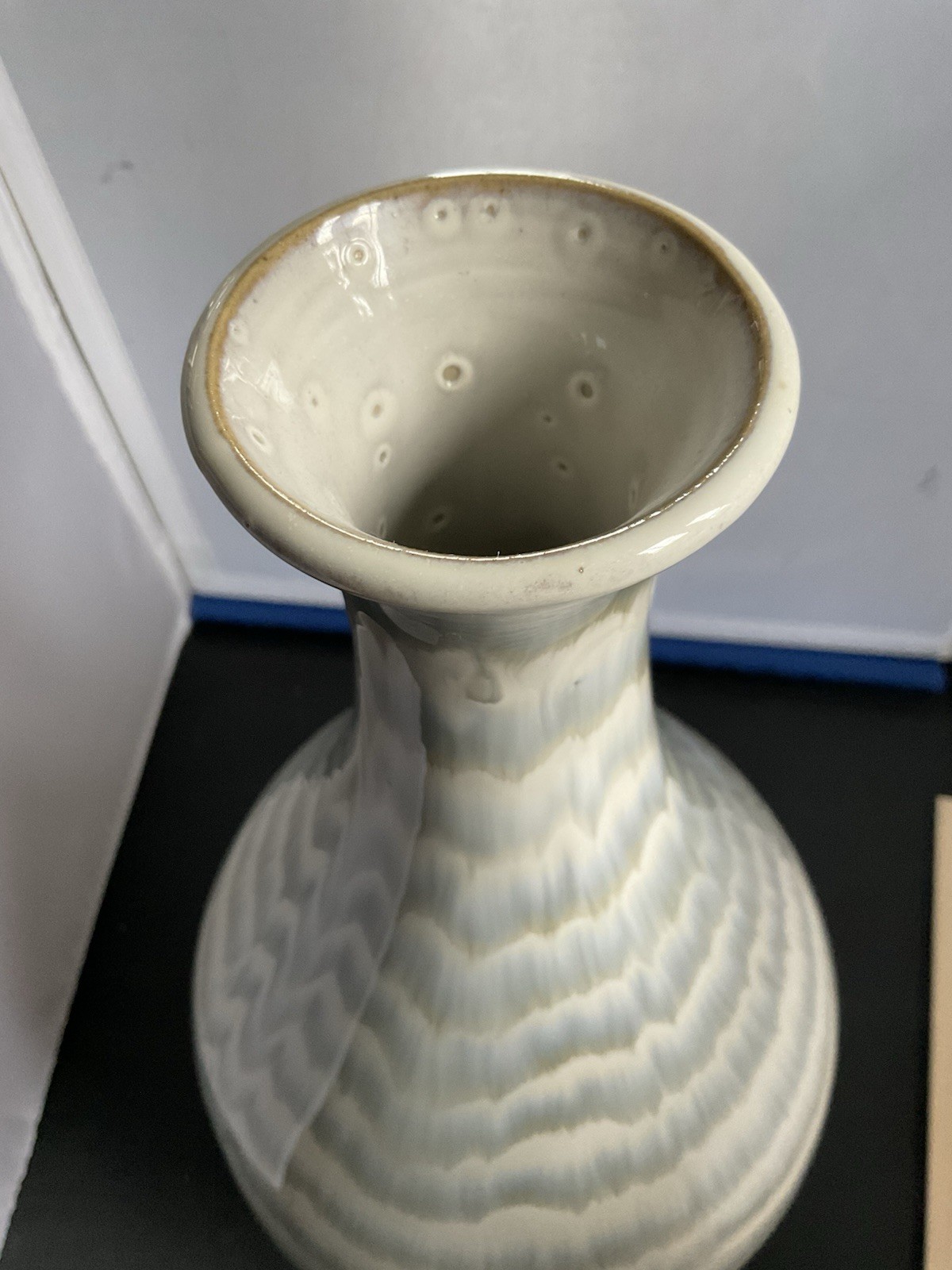 Large Handmade Signed Vase Cream Blue Green Abstract 16” X 8” Ceramic Glossy