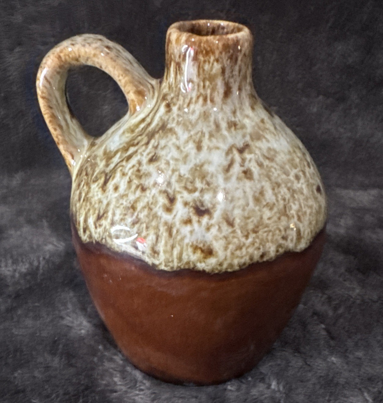 Small Stoneware Whiskey Jug Vase two-tone Cream and Brown Speckled drip glaze 5”