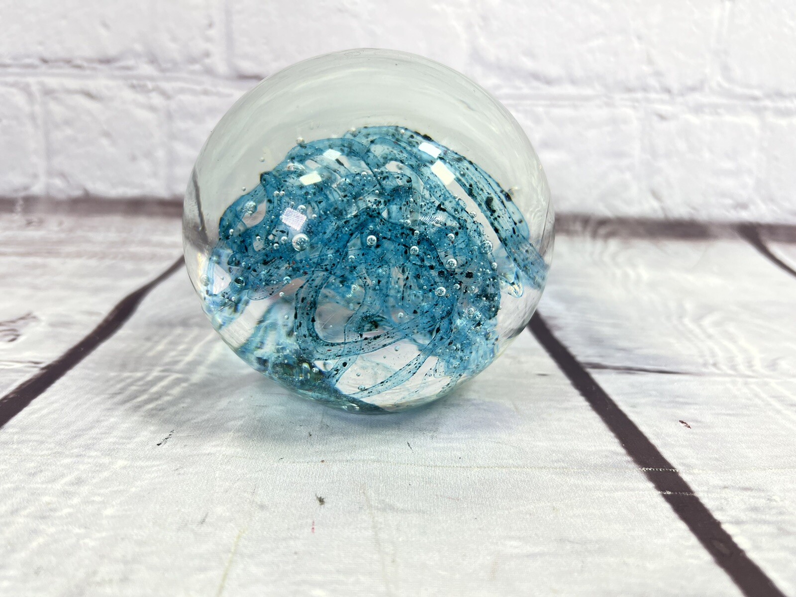 vtg Bello Da Glass hand blown bohemian art glass blue swirl sphere