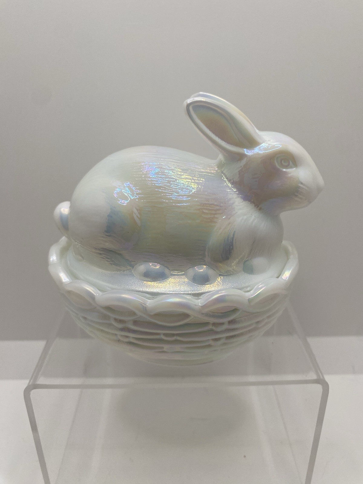 Mosser Glass Bunny on Basket Nest Milk Glass Carnival Trinket Box Candy Dish