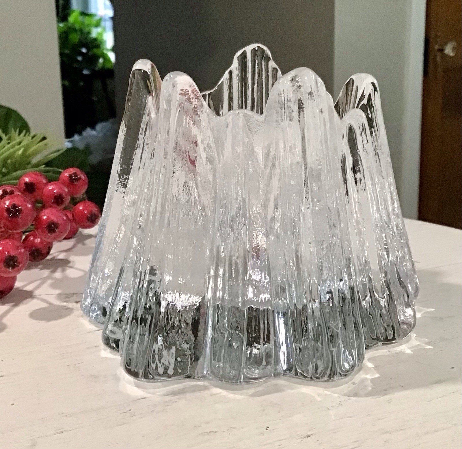 Vintage Nybro Clear Volcano Iceberg Rune Strand Swedish Art Glass Votive Holder