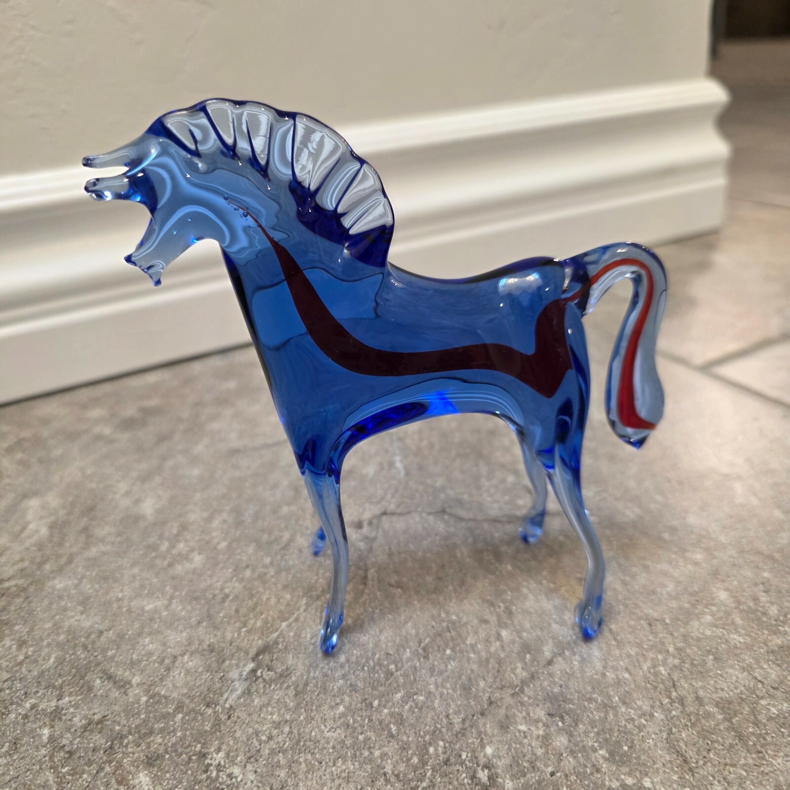 Murano Figure Horse Hand Blown Clear Glass blue red Stripe 6 inches Vintage