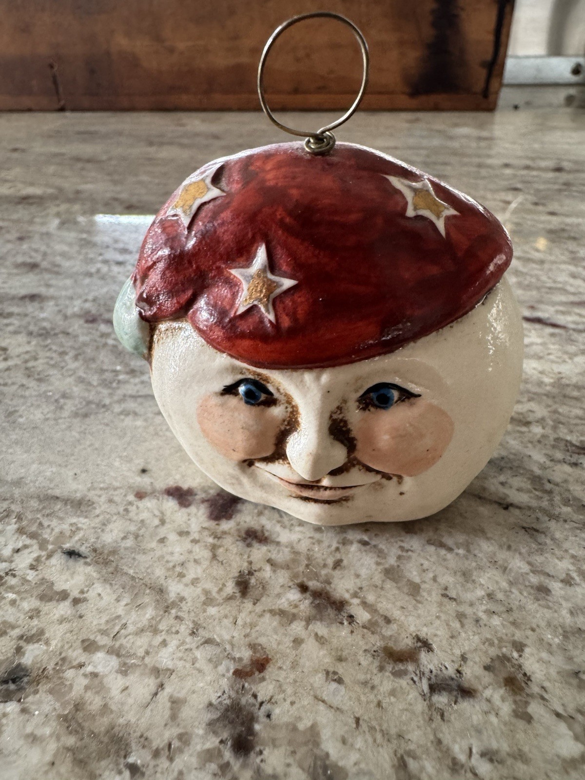 VTG 88 Salamander Pottery Bell 2 Face Santa Christmas Ornament Folk Art