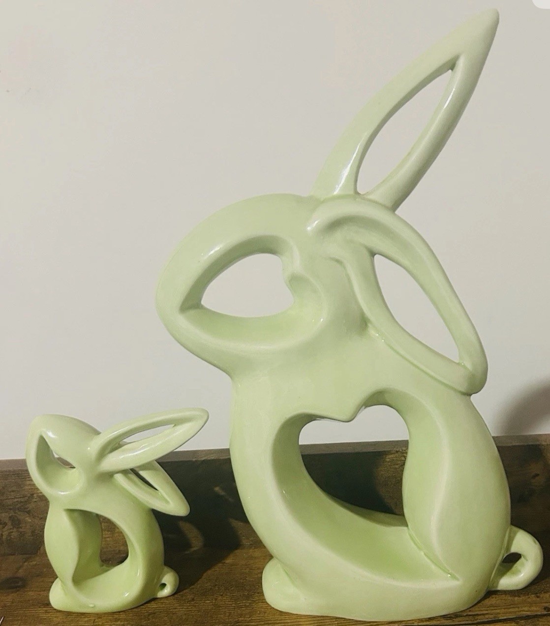Light Green Ceramic Bunny Figurine Set of 2 Glossy Decorative Easter Rabbits