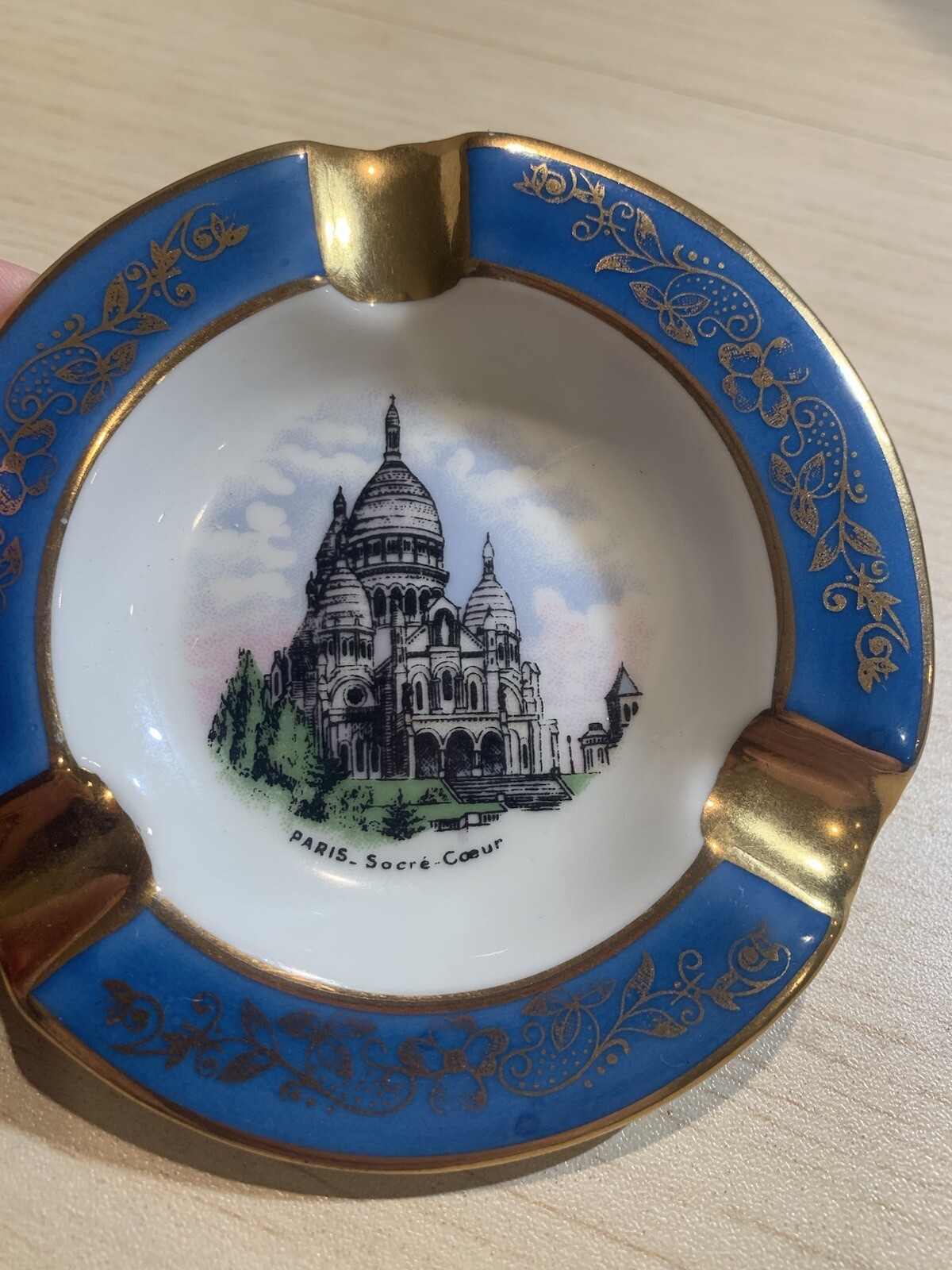 Limoges France Hand Painted Ashtray Dish Paris Socre-Coeur. Teal & Gold
