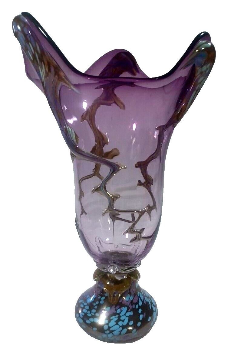 STUNNER 13″ Purple Copper Infused Art Deco Murano Vine Confetti Centerpiece Vase