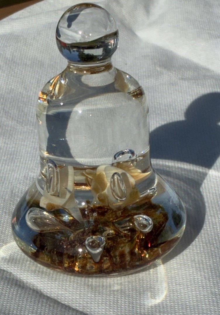 Joe Rice Bell Shaped Paper Weight Clear & Gold Tinted White Tall Flowers