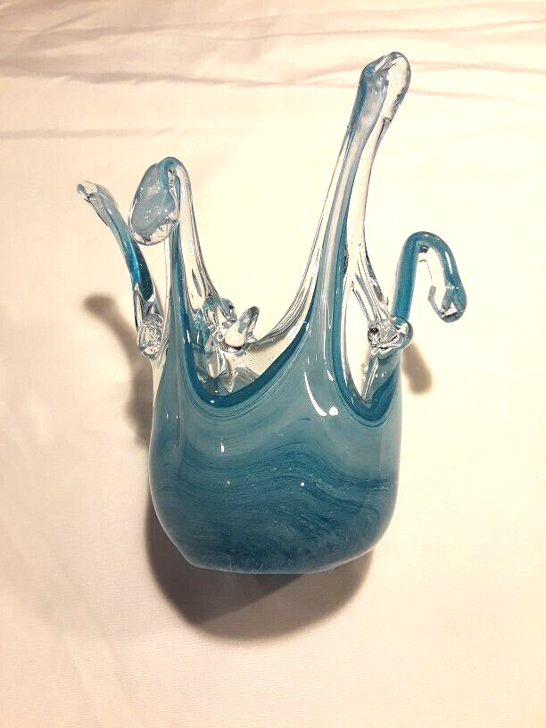 Stunning Murano Glass Freeform Basket/Votive Hand Made In Italy Blue Swirl 6″x6″