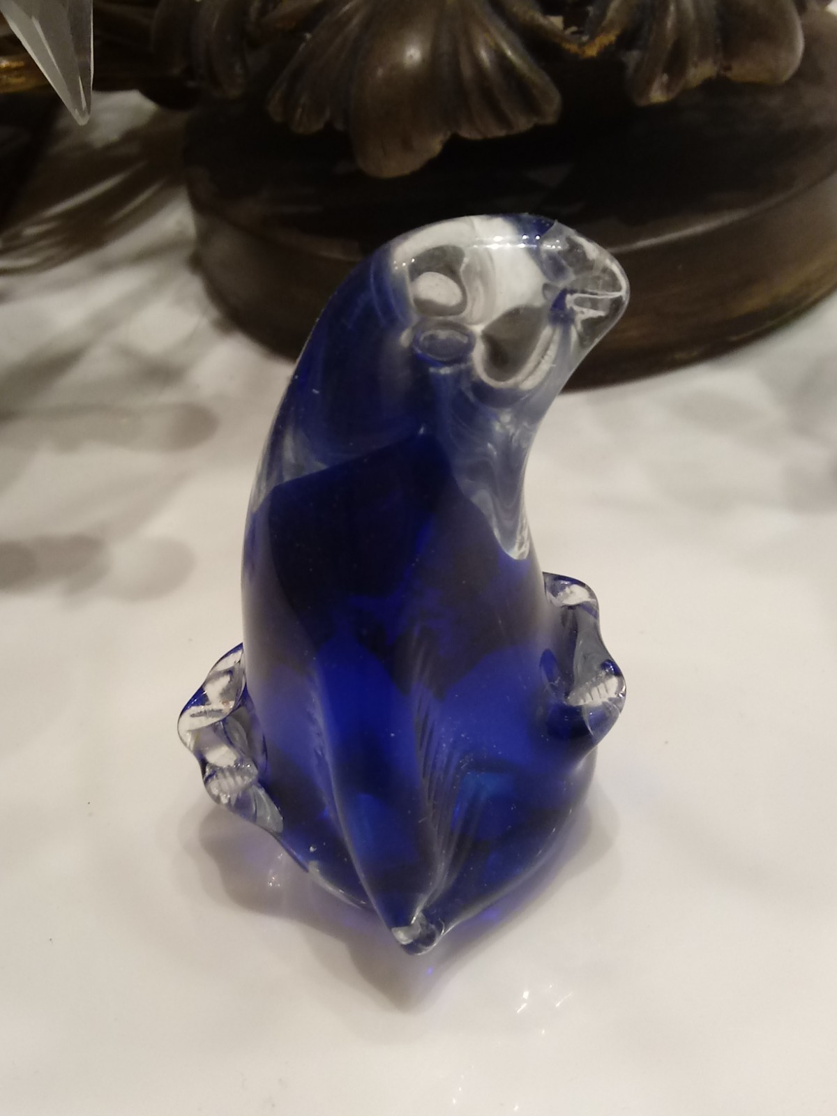 Vintage Murano Italy Bi Color Clear Cobalt Glass Penguin Figure 3 Inches Tall
