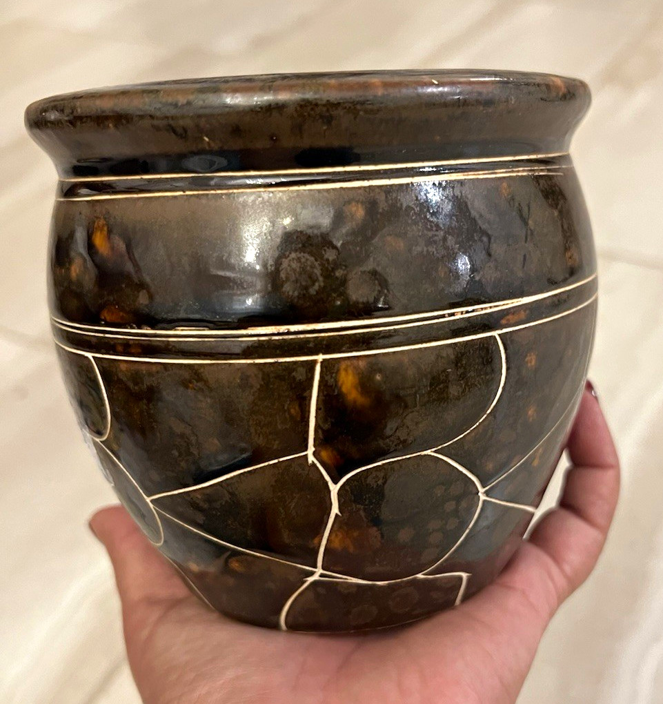 Round Glossy Ceramic Planter Pot Brown Black Abstract Art Pottery Pattern
