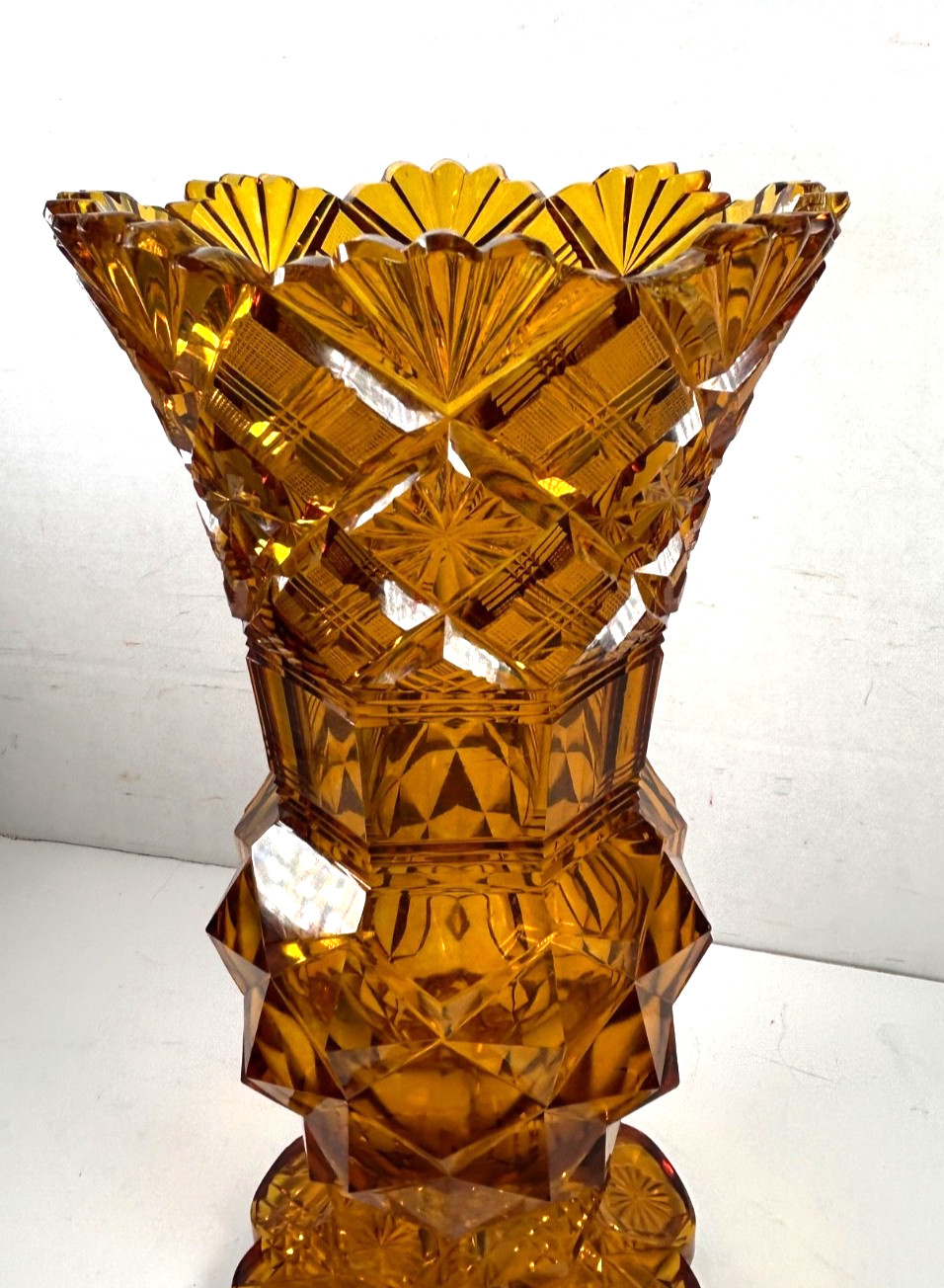 Vintage EAPG Honey Gold Amber Pressed Glass Vase 9.5” Multi Patterns & Sections